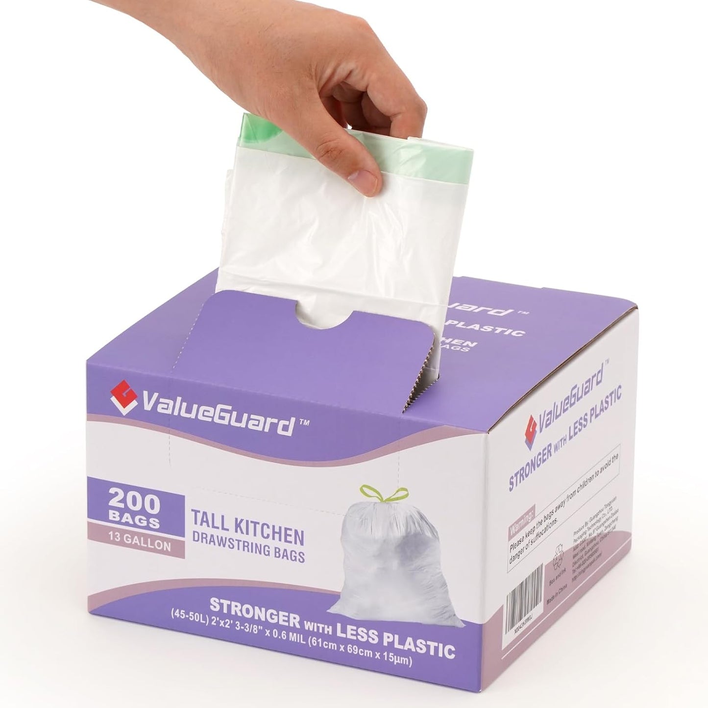 ValueGuard 13 Gallon Drawstring Trash Bags - Durable Tall Waste Bags for Kitchen & Office (200 Count)