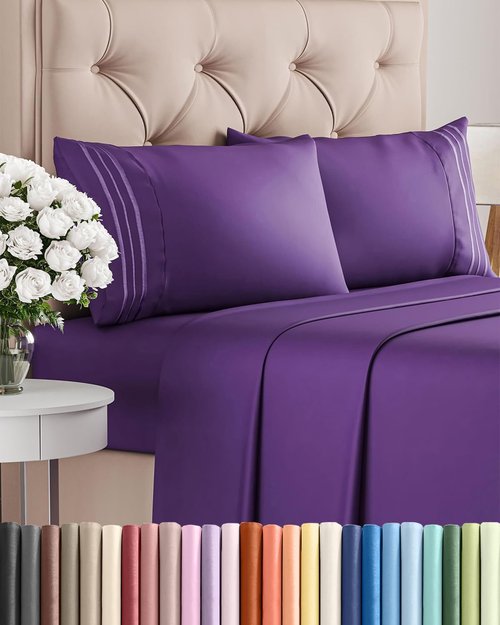 King Size 4 Piece Sheet Set - Ultra-Soft Cooling Bed Sheets - Hotel Luxury Bedding - Deep Pockets - Oeko-Tex Certified - Purple