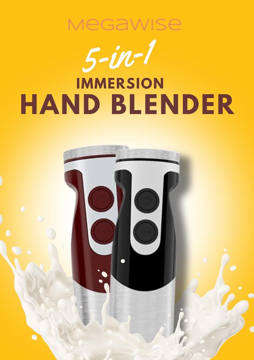 MegaWise Pro Immersion Hand Blender - 5-in-1 with Powerful Motor & 12 Speeds | Black Finish