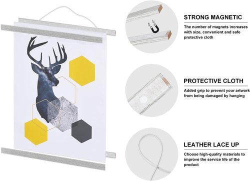 Benjia Magnetic Poster Hanger - Wood Frame for 12x18, 12x16, 12x24 Prints | Grey Hanging Kit for Artwork
