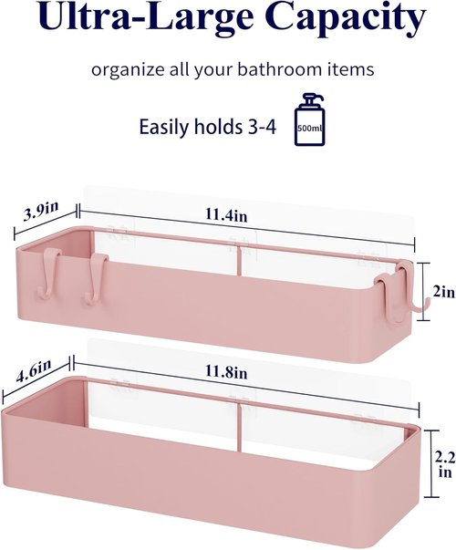 Kitsure Shower Caddy | 2 Pack Adhesive Organizer - Rustproof Metal Shelves, No-Drill, Large, Pink