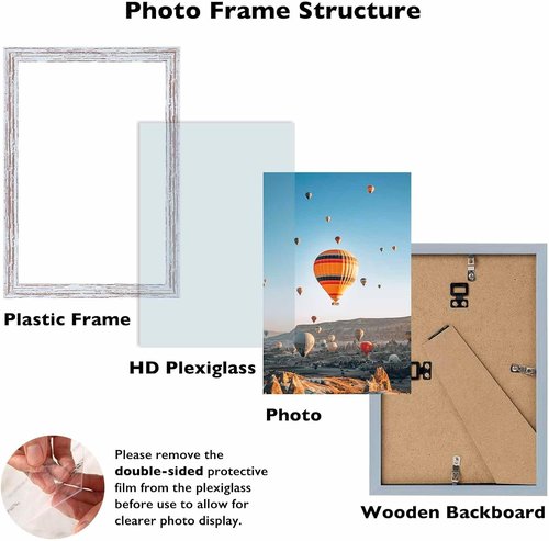 JCJMY Rustic White Picture Frame - 6x10 Wall or Tabletop Display with Shatter-Resistant Plexiglass