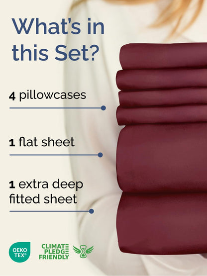 Skiennix Extra Deep King Sheet Set - 6 Piece Breathable Cooling Bedding - Soft, Wrinkle-Free, Burgundy