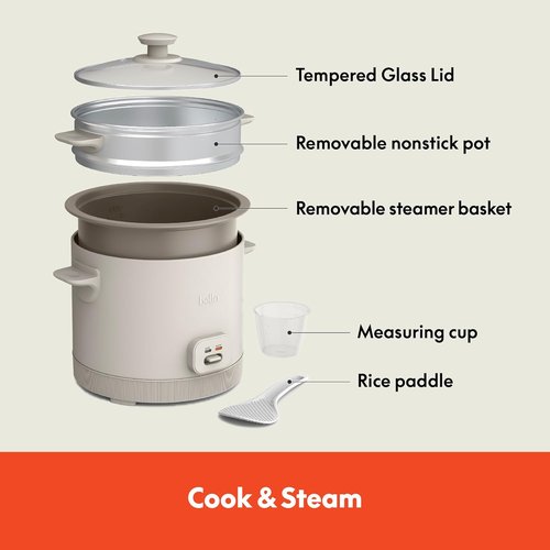 Bella 16-Cup Rice Cooker - Automatic Keep Warm Function, Nonstick Bowl & Steamer | Oatmilk Color
