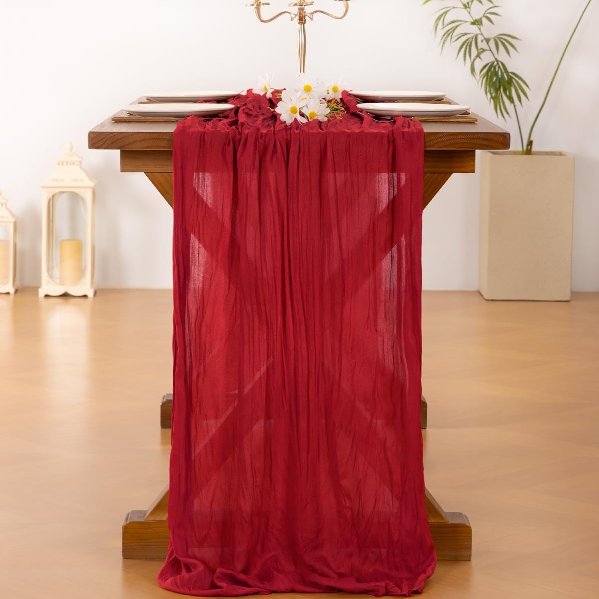 Socomi Cheesecloth Table Runner - 120 Inch Red Boho Rustic Gauze for Weddings & Events