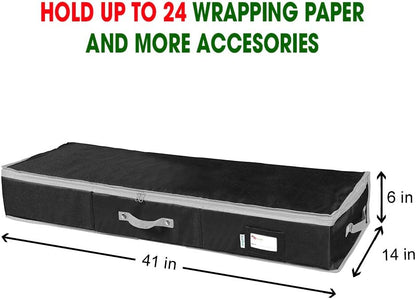 Primode Wrapping Paper Storage Container - Under Bed Gift Wrap Organizer | 41”x14”x6” | Holds 18-24 Rolls Up to 40” | Durable 600D Oxford Material | Includes Pockets for Ribbons and Bows (Black)