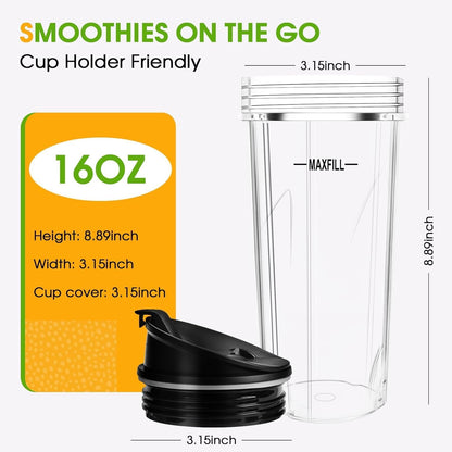Ninja Blender Cups - 16oz Replacement Cups with Lids | 3-Pack Compatible with Ninja QB3001SS, BL770, BL780, BL660, BL740, BL810