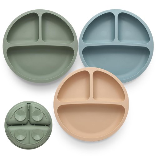 Eascrozn Toddler Plates 3 Pack, Divided Suction Plates for Baby, 100% Food Grade Silicone Baby Plates, Non-Slip, Baby Led Weaning Supplies, Microwave & Dishwasher Safe