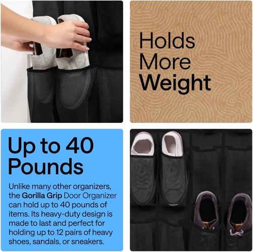 GORILLA GRIP Over The Door Shoe Organizer - 12 Large Breathable Mesh Pockets | Space-Saving Hanging Storage, Black 64H x 9.5W