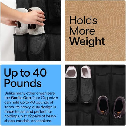 GORILLA GRIP Over The Door Shoe Organizer - 12 Large Breathable Mesh Pockets | Space-Saving Hanging Storage, Black 64H x 9.5W