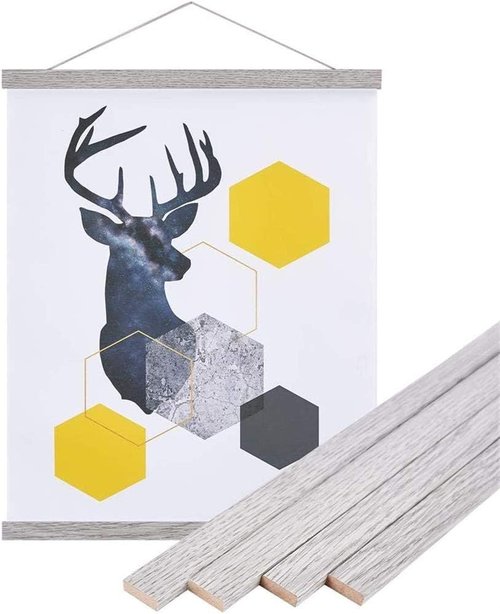 Benjia Magnetic Poster Hanger - Wood Frame for 17x24, 17x11, 17x22 Posters | Grey Hanging Kit for Artwork