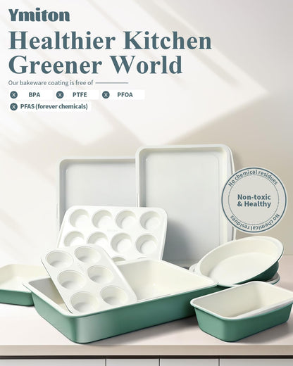 Skiennix Ceramic Nonstick Baking Pans Set - 33 PCS Stackable Bakeware, 550°F Oven Safe, Dishwasher Safe (Green)
