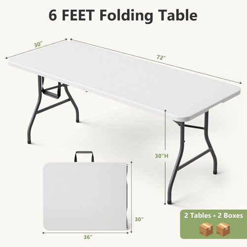 Folding Table 2 Pack - 6 FT Heavy Duty Foldable Plastic Tables with Carrying Handle for Indoor & Outdoor Events