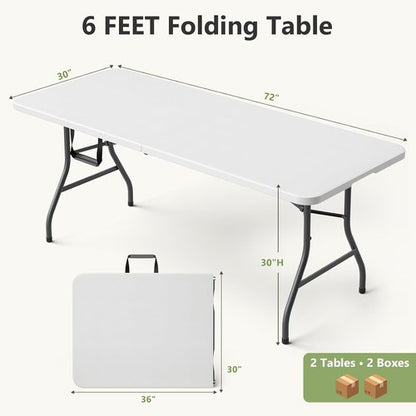 Folding Table 2 Pack - 6 FT Heavy Duty Foldable Plastic Tables with Carrying Handle for Indoor & Outdoor Events