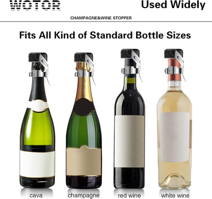 WOTOR Champagne&Wine Bottle Stoppers Stainless Steel with Food Grade Silicone, Leak Proof Keep Fresh Reusable Saver, Cork Suitable for Wine, Champagne, Cava, Prosecco and Sparkling (2 Pack Silver）