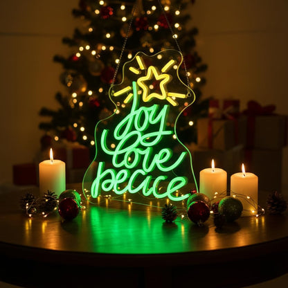 Neon Sign by Christmas Tree - USB Powered LED Wall Decor | Peace, Love, Joy Design for Holiday Parties