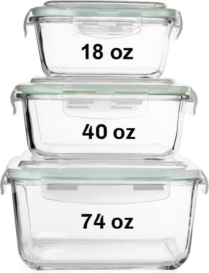Razab Glass Food Storage Containers Set - 6 PC Airtight Kitchen Meal Prep Containers | 74, 40 & 18 oz