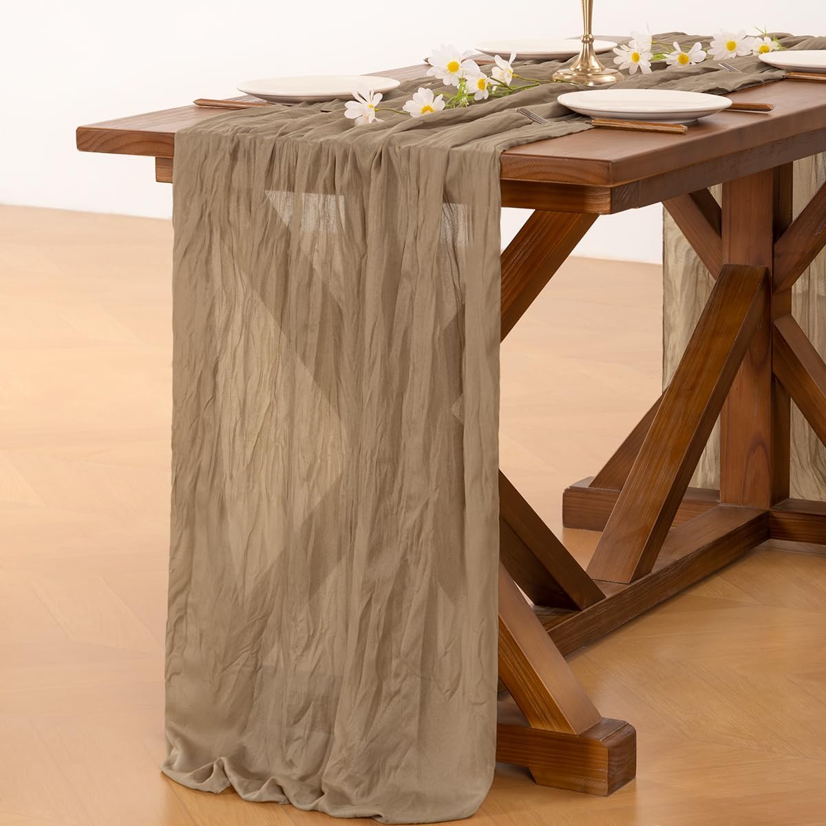 Socomi Cheesecloth Table Runner - Boho Rustic 120-Inch Nude Brown for Weddings & Events | 10-Piece Set