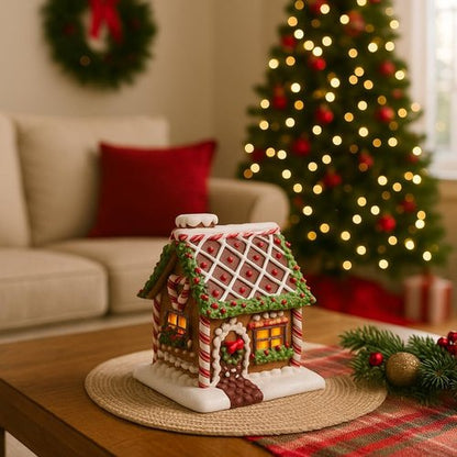 Bridge Collection Lighted Gingerbread House Figurine - Festive Christmas Tabletop Accent with Peppermint Roof
