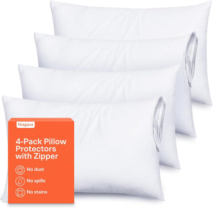 Ultra Soft Pillow Protectors by [Brand Name] - Zippered Queen Size Set of 4 - Breathable & 100% Stain Protection (White)