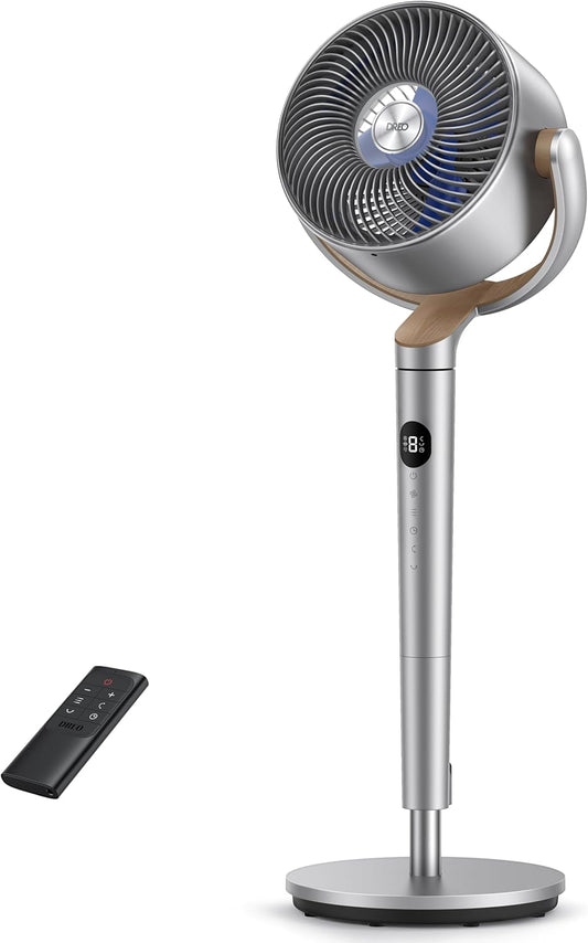 DREO Fan for Bedroom, 120°+120°Omni-directional Oscillating Fan, 90ft, DC Motor, 20 dB Quiet Standing Pedestal Fans, 8 Speeds, 3 Modes Circulator with Remote, 35-40" Adjustable Height, 8H Timer