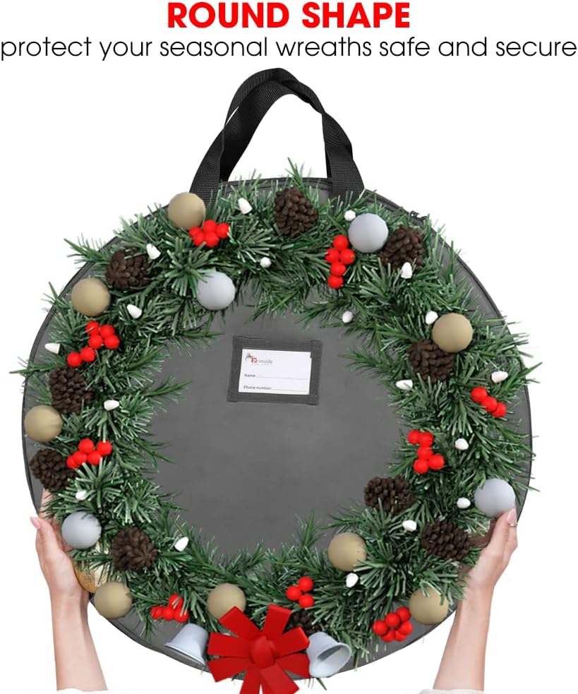 Primode Christmas Wreath Storage Bag - Heavy Duty 24" Container with Handles - Durable 600D Oxford Polyester (Gray)