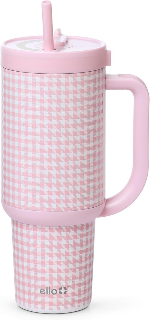 Ello Oasis 30 oz Tumbler - Insulated Stainless Steel Cup with Handle & Straw | 24-Hour Cold Retention, Pink Gingham