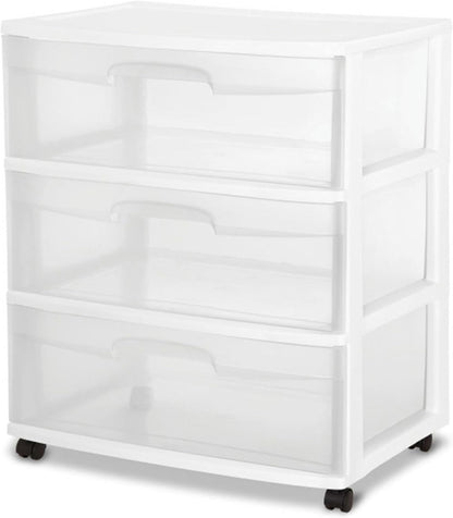 Sterilite Wide 3 Drawer Storage Cart - Rolling Plastic Organizer with Wheels | White & Clear Drawers