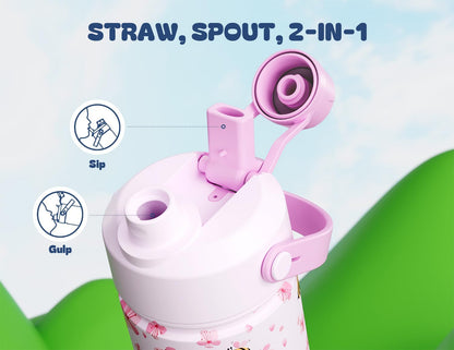 Skiennix 12 oz Kids Stainless Steel Water Bottle - Leakproof 2-in-1 Straw Lid, BPA-Free, Cute Bee Design