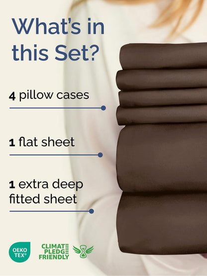Skiennix Extra Deep Queen Sheet Set - 6 Piece Breathable Cooling Bedding - Soft Wrinkle-Free Brown