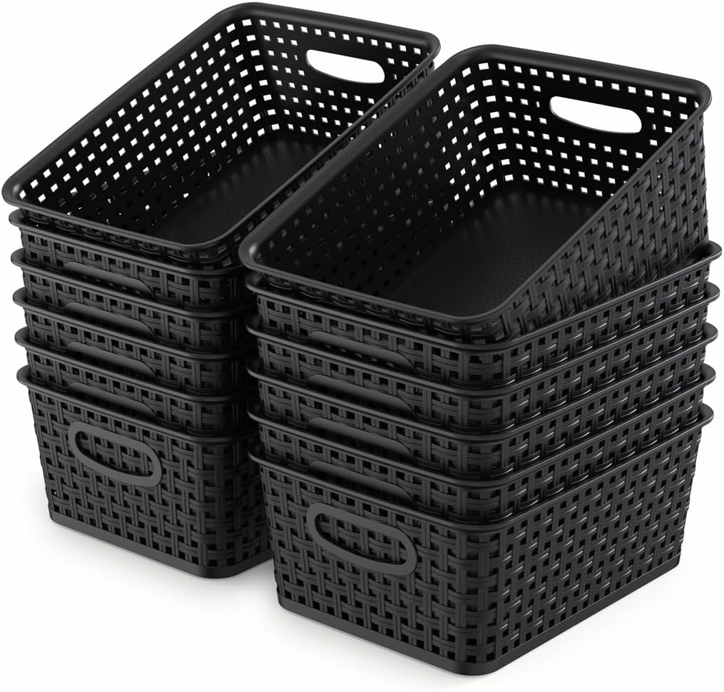 WYT 12-Pack Black Plastic Weave Storage Baskets - Perfect for Organizing Small Spaces