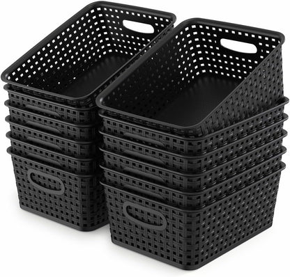 WYT 12-Pack Black Plastic Weave Storage Baskets - Perfect for Organizing Small Spaces