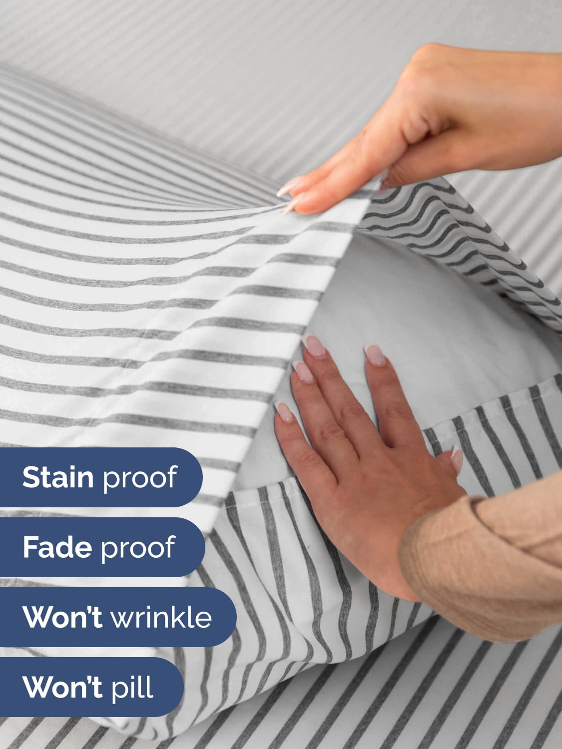 Skiennix Extra Deep Split King Sheet Set - 7 Piece Breathable Cooling Bedding - Soft, Wrinkle-Free Grey Stripes