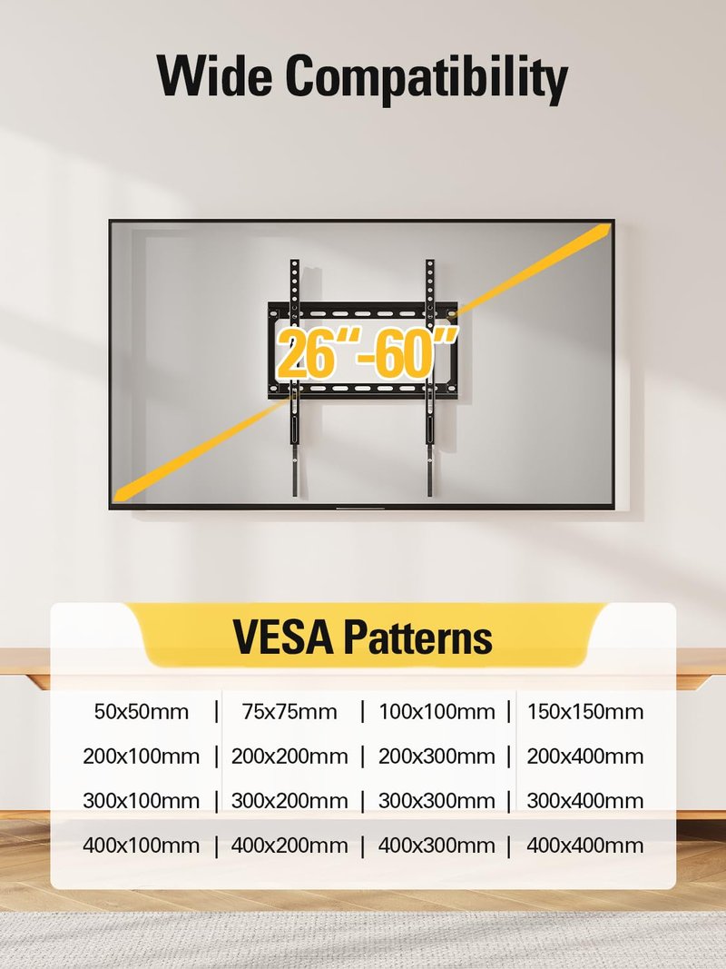 Mounting Dream TV Mount Fixed for Most 26-60 Inch LED, LCD and Plasma TVs, TV Wall Mount TVs Bracket up to VESA 400x400mm and 100 LBS Loading Capacity, Low Profile and Space Saving Flat Mount MD2361-K