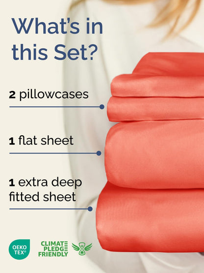 Skiennix Extra Deep Twin Sheet Set - 4-Piece Breathable Cooling Bedding - Soft, Wrinkle-Free Coral