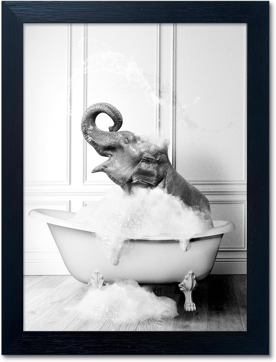 Regine Switzerland Framed Bathroom Decor - Funny Elephant in Bathtub Canvas Art | Black and White Print