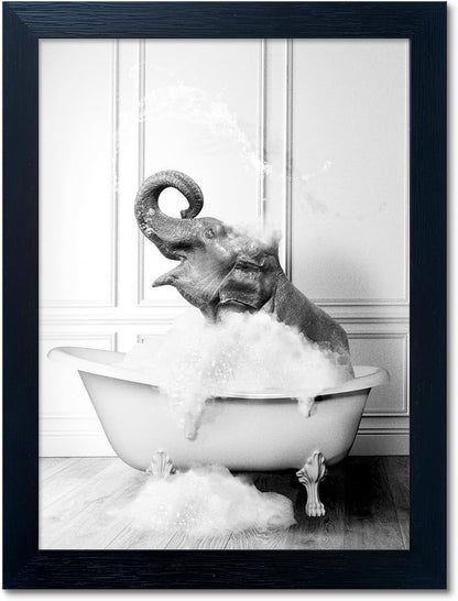 Regine Switzerland Elephant in Bathtub Wall Art - Funny Black and White Canvas Print for Bathroom Decor
