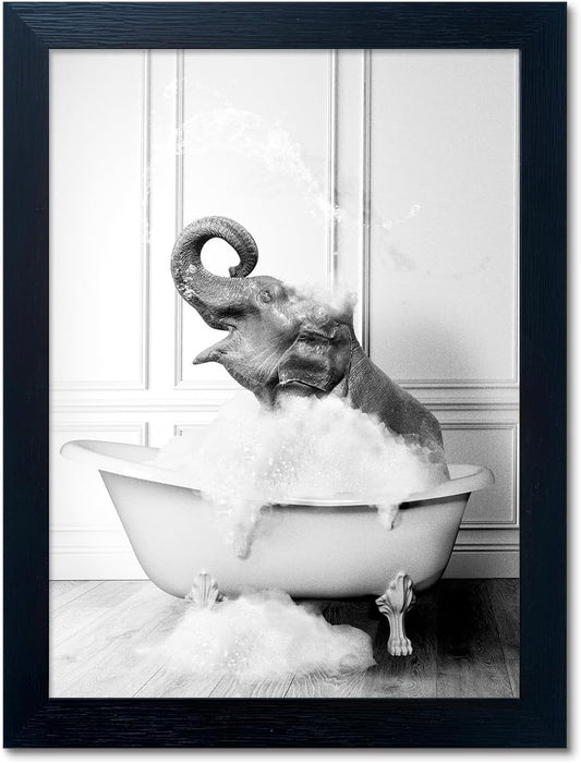 Regine Switzerland Elephant in Bathtub Wall Art - Funny Black and White Canvas Print for Bathroom Decor