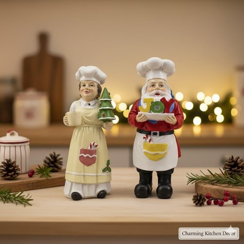 iStatue Chef Santa & Mrs. Claus Figurines Set | 5'' Hand-Painted Resin Holiday Decor - Perfect for Kitchen & Gifting