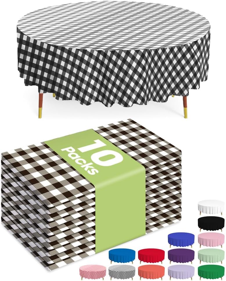 Pureegg Disposable Plastic Table Cloths - 84'' Round Gingham Design, Sturdy & Leakproof, 10 Pack, Black & White Checkered