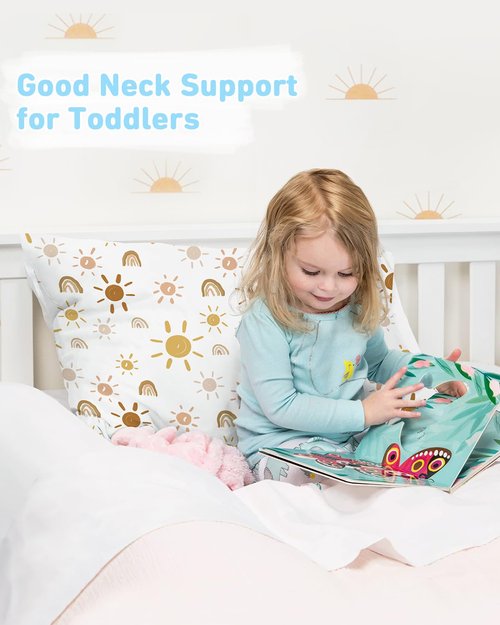 Babebay Toddler Pillows - 2-Pack 13x18 Cotton Pillows for Sleeping | Machine Washable, Travel-Friendly (Sunny Rainbow)