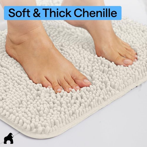 GORILLA GRIP Bath Rug Mat - Thick Soft Absorbent Chenille | Quick Dry Microfiber, 24x17, Ivory