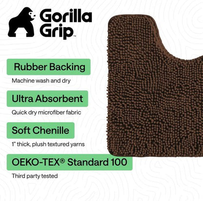 GORILLA GRIP Plush Chenille Bath Rug Mat - Soft Microfiber Oval Toilet Base Mat | Machine Washable, Brown
