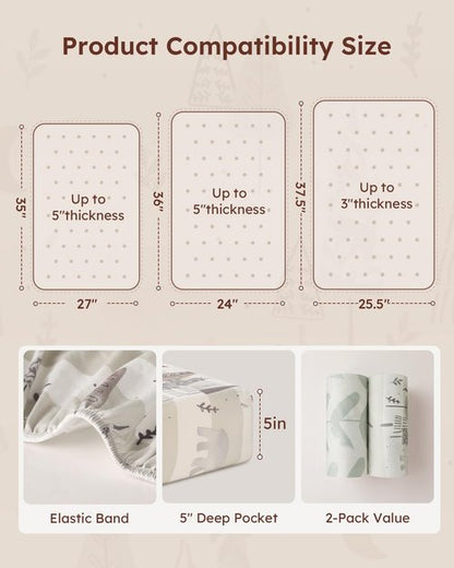 Yoofoss Baby Pack and Play Sheets 2 Pack for Boys and Girls - 38x26 Mini Crib Sheets Fitted Neutral Compatible with Graco Pack n Play Mattress,Ultra Soft Breathable Microfiber Forest Bear