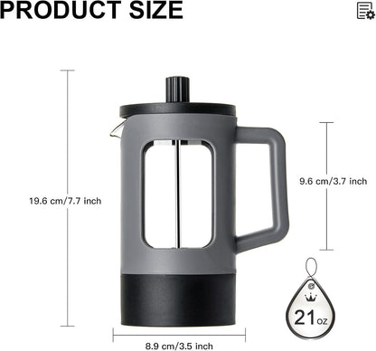 YOLIFE French Press Coffee Maker - 21 oz Portable Tea & Coffee Press with Heat-Resistant Glass | Grey & Black