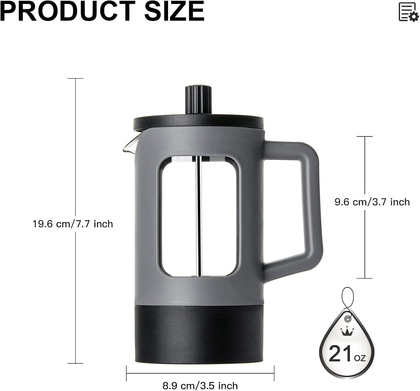 YOLIFE French Press Coffee Maker - 21 oz Heat-Resistant Borosilicate Glass | Portable Grey & Black Design
