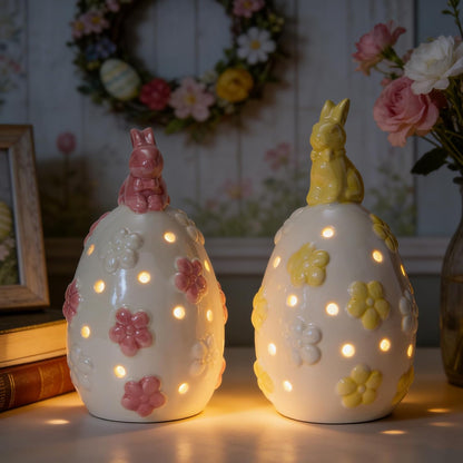 WDS WONDROUS Light Up Easter Decorations - LED Bunny & Egg Figurines Set | White Ceramic Spring Decor (2PCS)