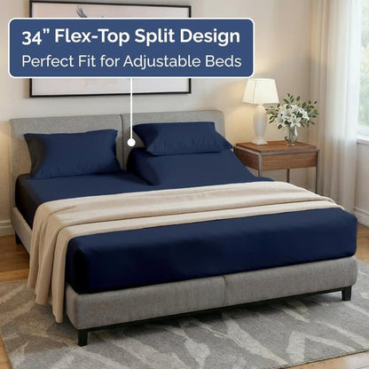 Flex Top Split Head King Sheet Set - Comfy Cooling Bed Sheets for Luxurious Sleep | Deep Pocket Navy Blue