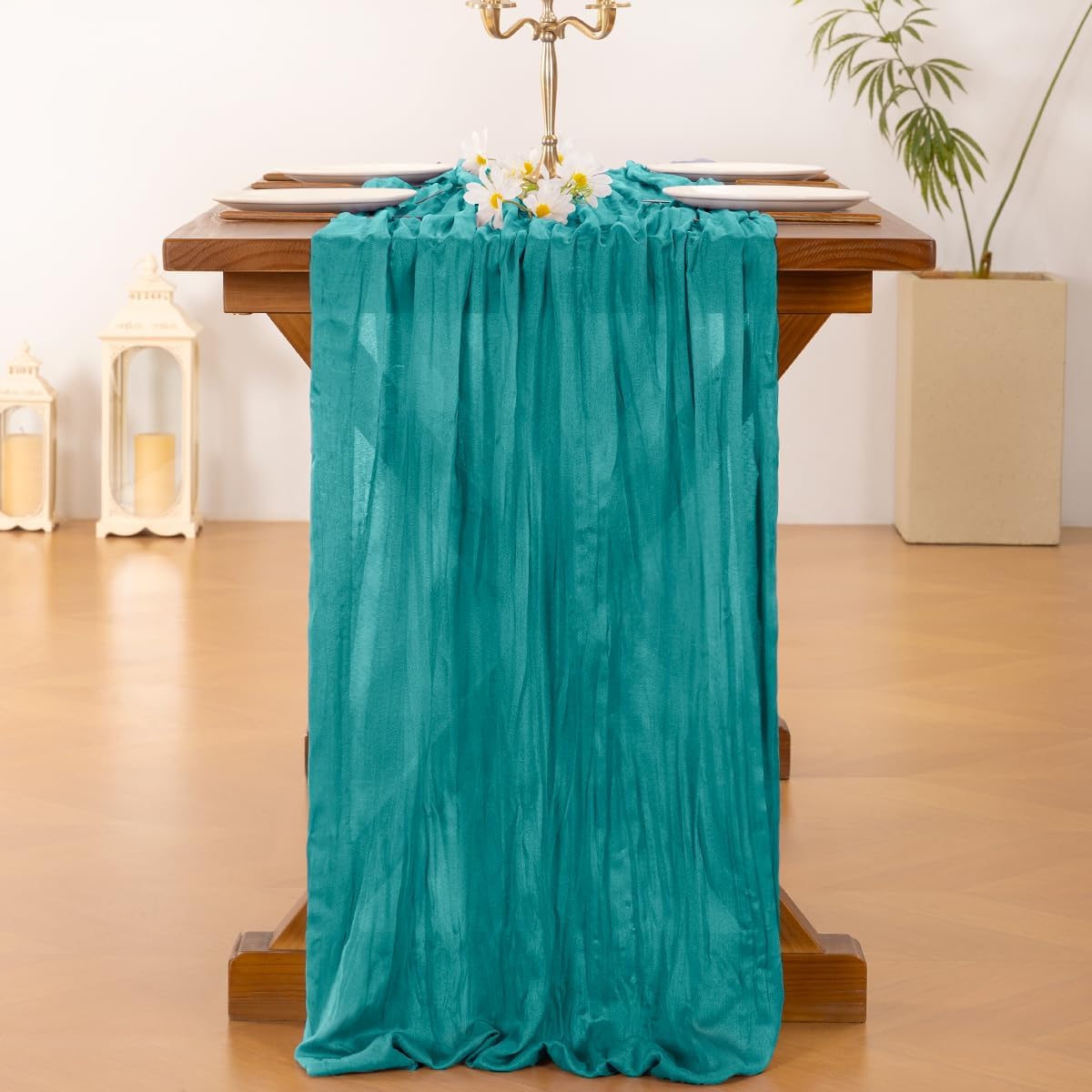 Socomi Teal Blue Cheesecloth Table Runner - 120 Inch Boho Rustic Gauze for Weddings & Parties