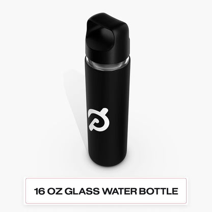 Peloton Glass Water Bottle - 16 Oz. with Non-Slip Silicone Sleeve & Travel Handle, Black